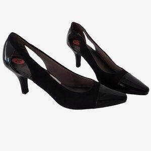 Life Stride Black Faux Suede Patent Leather Short Heel Pumps W Cutouts 10